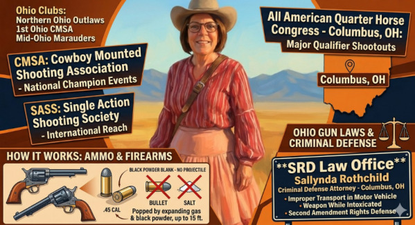 This infographic explains Cowboy Mounted Shooting in Ohio and related gun laws. It features national groups like the Cowboy Mounted Shooting Association and the Single Action Shooting Society. It lists local clubs like the Northern Ohio Outlaws and the Mi