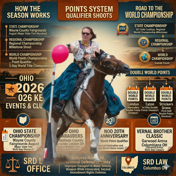 A photograph of a woman wearing sunglasses and a flowing turquoise skirt riding a brown and white pinto horse in a dirt arena. She is aiming a handgun at a large pink balloon mounted on a pole to her left. The background shows other people, horse trailers