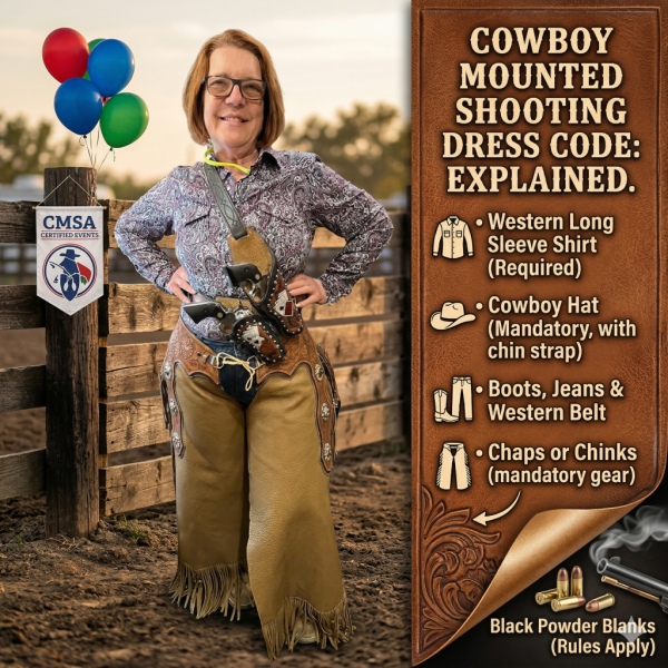 Photo showing attorney Sallynda Rothchild in her Cowboy Mounted Shooting competition gear. A leather panel on the right side explains the mandatory dress code rules. The requirements include a long sleeve Western shirt, a cowboy hat with a chin strap, boo